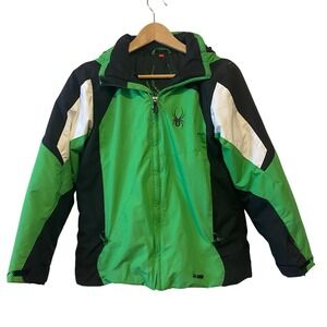 Spyder Kids Ski Jacket Size 14 Green Black Hooded Winter Coat Outerwear
